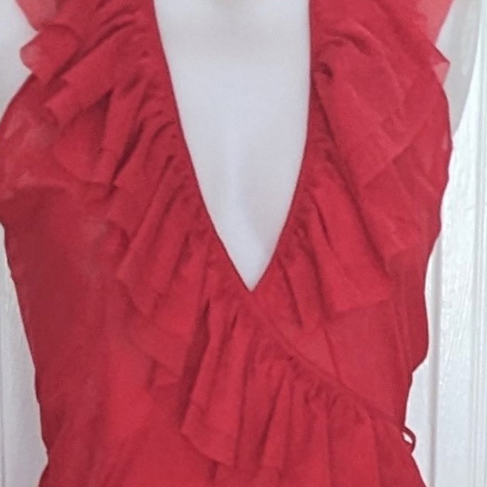 Forplay Red Mesh Ruffle Halter Gown - Picture 6 of 11